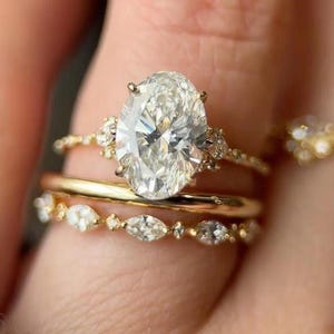 3 CT Oval CVD Lab Grown Diamond Bridal Set Ring IGI Certified Oval Band Anniversary Ring 14K Solid Gold Ring Wedding Ring