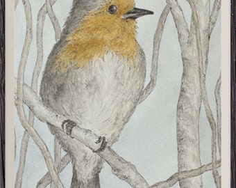 Bird Painting ROBIN IN TREE Bird Artwork Watercolor bird Line & Wash Bird Wall Art home decor