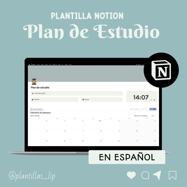 Plan de estudio en Notion en español. Organizador de tareas. Organizador de estudios. Study planner. Planificación diaria, semanal, mensual