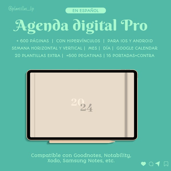 Agenda Digital Pro 2024 en español. Planificador PDF para tablet o iPad. Apto para Goodnotes, Notability o Noteshelf. Incluye pegatinas.