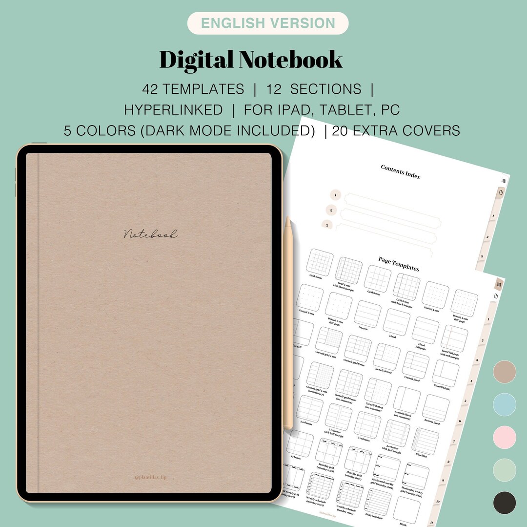 Digital Notebook for iPad. Goodnotes, Notability. 12 tabs, 42 page templates. Hyperlinked. 5