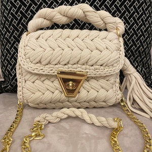 Luxury Bag, Crochet Bag, Luxury Knit Shoulder Bag,Gold Chain Handbag,Capri Bag,Hand Woven Crossbody Bag,Cotton Yarn Purse,Bag for Women