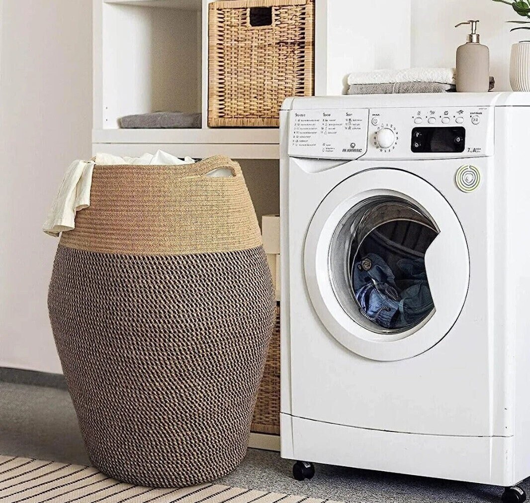 Vaidha Grand Panier de Rangement en Corde de Coton Tressée Panier à Linge avec Poignées Seau en Tissu Organisateur de Vêtements et Jouets pour Chambre d'Enfant
