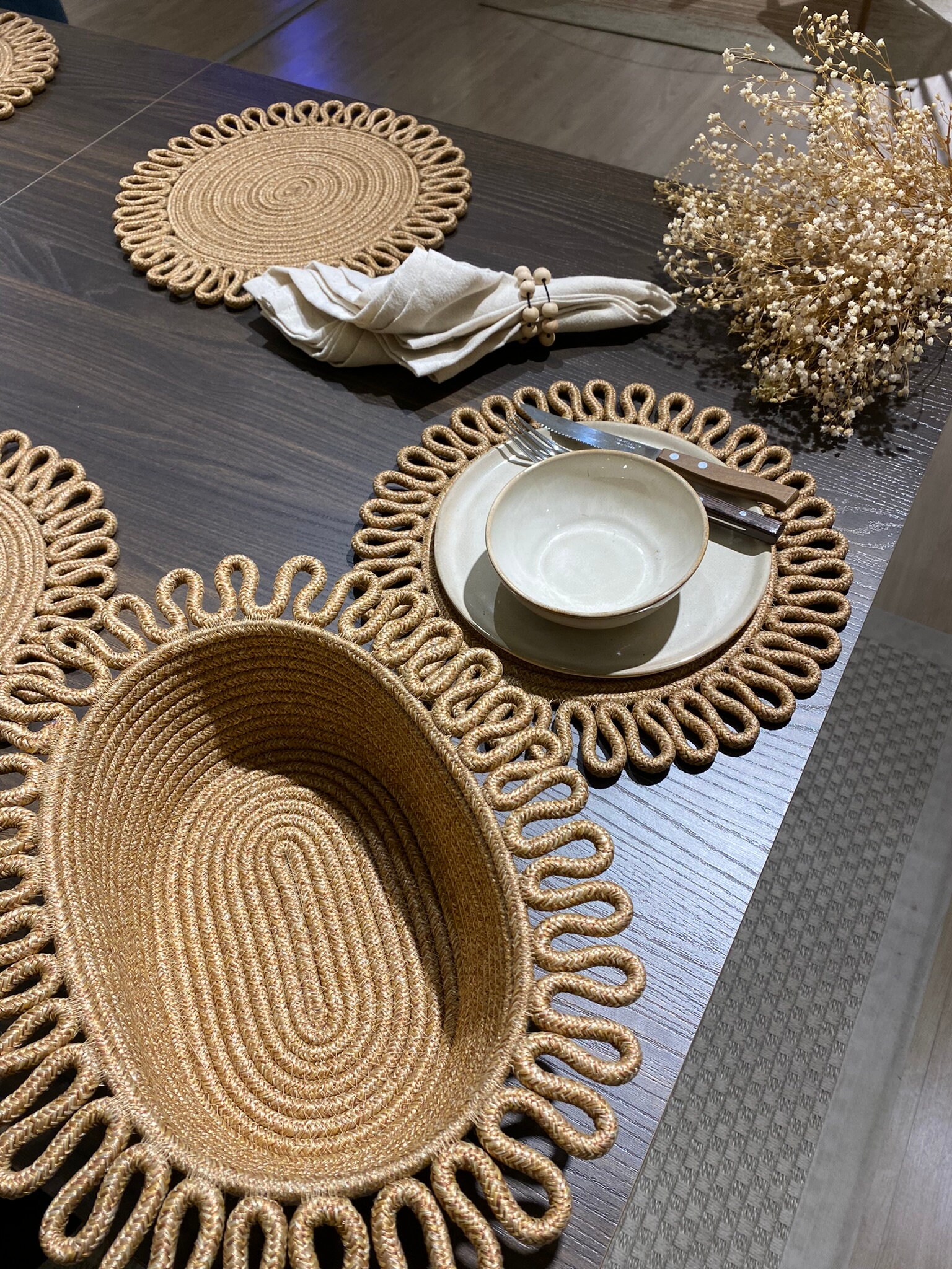 6 Piece Placemats, Dining Table Mat Sets, 1 Piece Basket, Rope