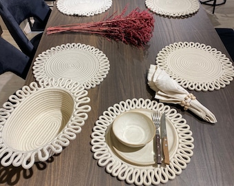 6 Piece PlaceMats, Dining Table Mat Sets, 1 Piece Basket, Rope Placemats, Rope Service Set, Cotton Rope Placemats, Colorfull Rope Placemats