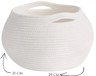May include: White round rope storage basket with two handles. The basket measures 25 cm wide and 21 cm tall.