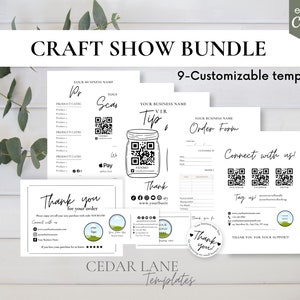 May include: A set of nine customizable templates for craft show vendors. The templates include a product catalog, order form, thank you card, and social media cards with QR codes. The templates are designed in a simple, modern style with black text on a white background.