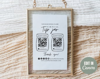 Druckbares Virtuelles Trinkgeldglas Zahlungsschild, QR-Code Zeichen Canva Vorlage Bearbeitbare Tipps akzeptiert Zeichen Canva Vorlage Sofortiger Download