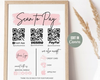 Scan To Pay Sign Template, QR Code Sign Business Template, Easy To Edit Canva Template, QR Code Sign for Pop Up Shop, Booth Table Sign