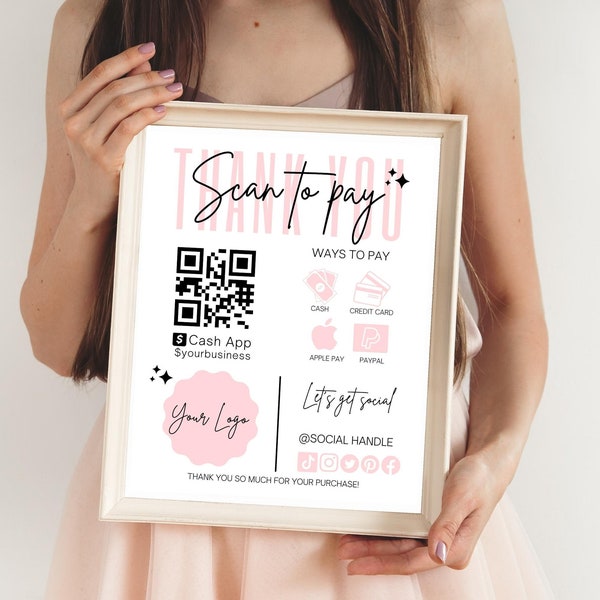 Scan To Pay Sign Template, QR Code Sign Business Template, Easy To Edit Canva Template, QR Code Sign for Pop Up Shop, Booth Table Sign