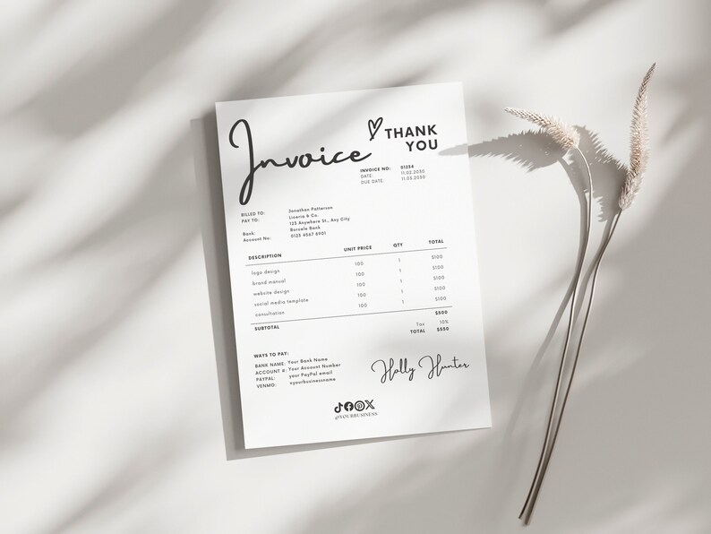 Invoice In Cursive Invoice Template Editable Canva Template Business Invoice, Instant ...