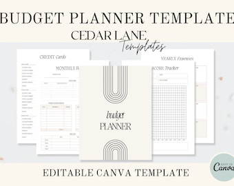 May include: A printable budget planner template with a minimalist design. The template includes sections for credit cards, monthly budget, yearly expenses, and a score tracker. The text "budget planner" is featured in a bold, black font.