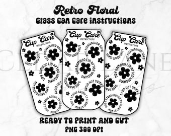 Verre peut tasse soins Png, imprimer et couper des fichiers Png, instructions d’entretien du verre Libby, carte de soins Téléchargement instantané rétro Floral