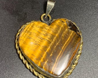 Tiger Eye Heart Pendant, Yellow Gemstone Necklace