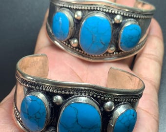 Afghan Kuchi Cuff Bracelet Pair, Turquoise Gemstone, Traditional Jewelry