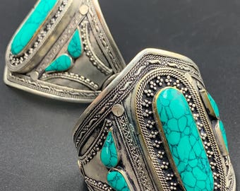 Handmade Afghan Turquoise Cuff Bracelets, Boho Style Pair