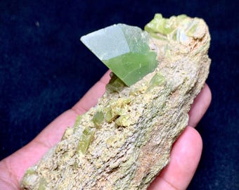 Green Peridot Specimen, Crystal Cluster on Mother Rock, Pakistan, 294 Grams