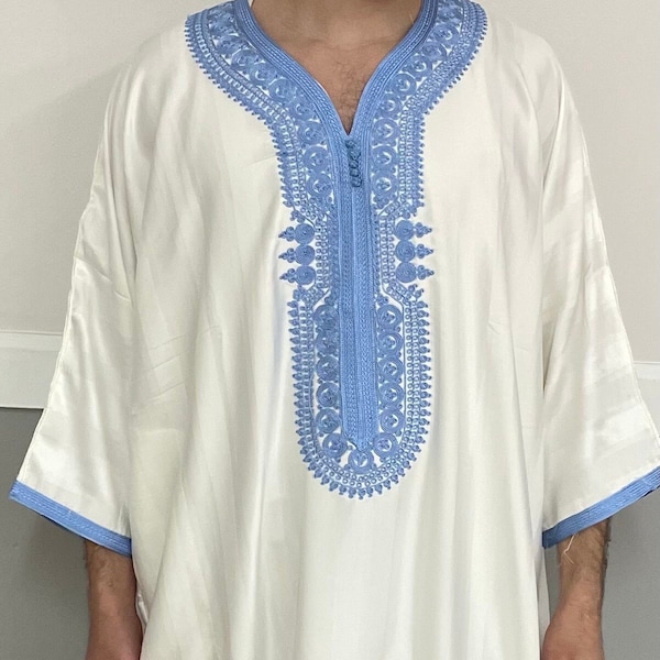Authentic Moroccan thobe: Pure White with Baby Blue Embroidery