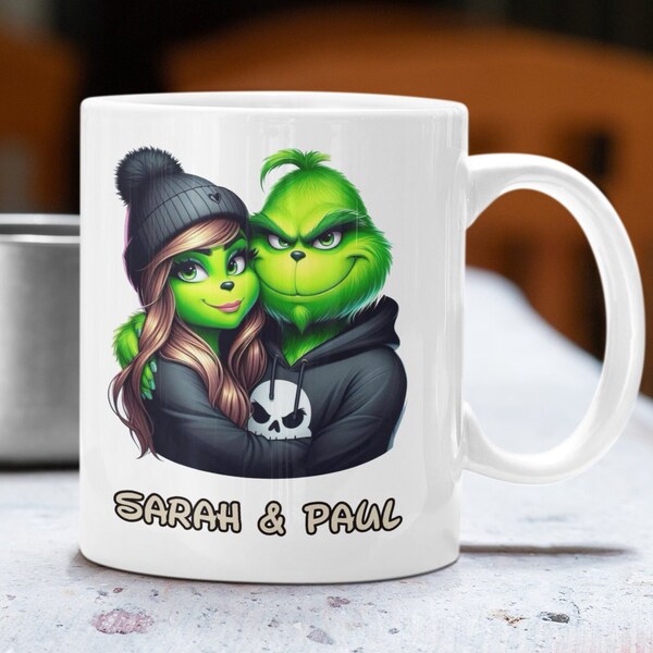 Weiße Personalisierte Couple Grinch Tasse mit Wunschnamen - Weihnachtsmotiv Becher - Weihnachtstasse Mug - lustig, Grinch, Becher, Paar