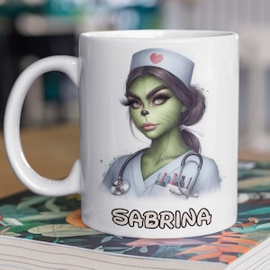 White Personalized Grinch Mug Doctor/Nurse with desired name - Christmas motif mug, gift, medical funny mug