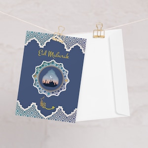 Cartão azul royal Eid Mubarak Cartão de felicitações com design islâmico e envelope Ótimo presente para melhor amiga muçulmana Cartão Eid 2024 Presente Eid para mãe Feliz Eid