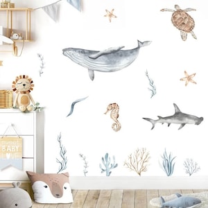 Cartoon Ocean Wall Decal, Underwater World Sticker, Vinyl Whale Turtle Wall Sticker, Gift for Kids, Perfect for Nursery Decor
