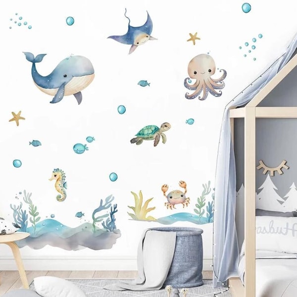 Cartoon Ozean Wandtattoo Unterwasserwelt Sticker Vinyl Wal Schildkröte Wandsticker, Geschenk für Kinder, Perfekt für Kinderzimmer Deko