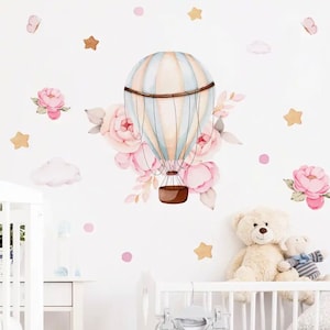Pegatinas de pared con dibujos de flores y globos aerostáticos de color rosa para guardería de bebés y niñas, juego de pegatinas decorativas autoadhesivas
