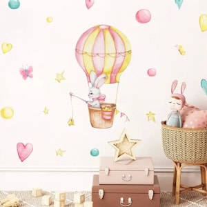 Boho Cartoon Wall Stickers Set Hot Air Balloon Butterflies Nursery Decor Wall Decals for Kids Baby Nursery Self Adhesive