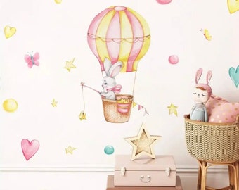 Boho Cartoon Wall Stickers Set Hot Air Balloon Butterflies Nursery Decor Wall Decals for Kids Baby Nursery Self Adhesive