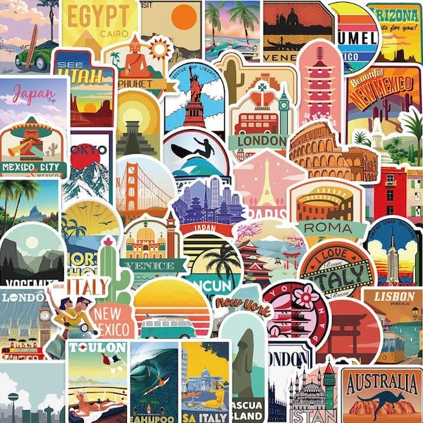 50 Vinyl Travel Sticker Pack , DIY Cut Decal Set, Global City Holiday Tourist Gift - Perfect for Luggage Vacation Skateboard Laptop