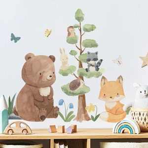 Pegatinas de pared con dibujos de animales del bosque, árboles, para decoración de guardería de bebé, ciervo, zorro, conejo, juego de pegatinas para pared, regalo para dormitorio, autoadhesivas