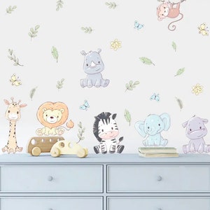 Juego de pegatinas de dibujos animados de la jungla, calcomanías de pared para niños, decoración de guardería con diseño de león y jirafa, tatuajes de pared para habitación de bebé y niño, pegatinas autoadhesivas de animales