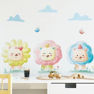 Pegatinas de pared para habitación de niños, diseño de león feliz, adorable y dulce, con diseño de flores, para decoración de guardería, tatuajes de pared, estilo acuarela, decoración del hogar, autoadhesivas