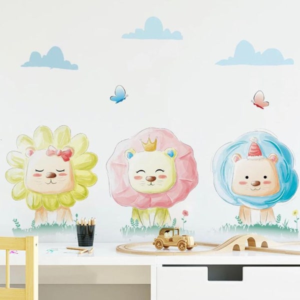 Cartoon niedlicher süßer glücklicher Löwe Blume Kinderzimmer Wandaufkleber Babyzimmer Dekoration Wandtattoos Heimdekoration selbstklebend