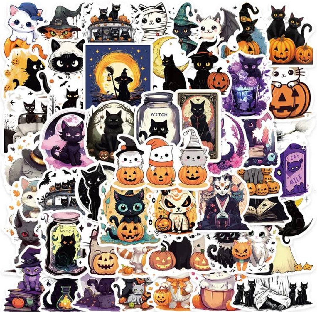 50 Cute Cartoon Pumpkin and Cats Halloween Sticker Set High Quality ...
