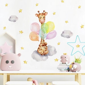 Pegatinas de pared de vinilo con diseño de jirafa, nube y globo de acuarela, para habitación de niños, habitación de bebé, decoración del hogar, autoadhesivas