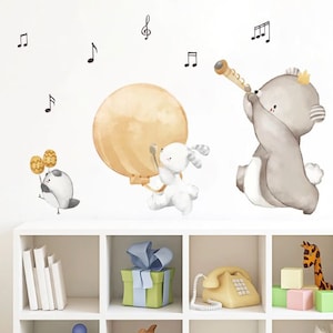 Animals Play Music Wall Sticker Watercolor Wall Stickers for Kids Room Baby Nursery Room Decoration Wall Decals Home Decor PVC self-adhesive