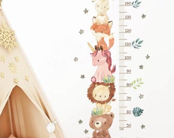 Jungle ruban à mesurer autocollant mural ensemble autocollant mural pour chambre d'enfant tige de mesure animaux autocollant mural décor auto-adhésif pour cadeau de fille