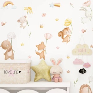 Pegatinas de pared con dibujos de animales del bosque, flores de primavera, para guardería de bebés y niñas, juego de pegatinas decorativas autoadhesivas