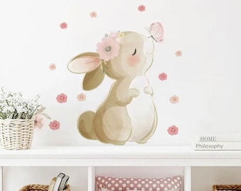 Autocollant Mural Boho dessin animé lapin papillon fleurs, décoration murale pour chambre d'enfant, chambre d'enfant, salon, chambre à coucher, autocollants de lapin auto-adhésifs