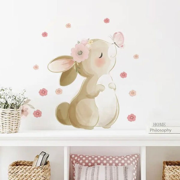 Autocollant Mural Boho dessin animé lapin papillon fleurs, décoration murale pour chambre d'enfant, chambre d'enfant, salon, chambre à coucher, autocollants de lapin auto-adhésifs