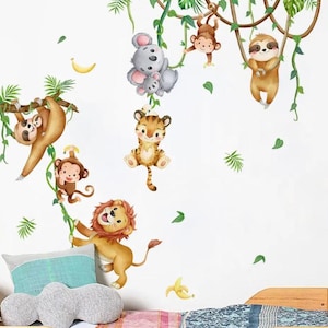 Juego de pegatinas de jungla, animales de safari, pegatinas de pared de dibujos animados para habitación de niños, pegatinas de pared de mono y león para habitación de bebé, pegatinas de pared autoadhesivas