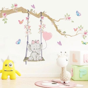 Juego de pegatinas de elefante de dibujos animados, pegatinas de pared de animales y mariposas para habitación de niños, pegatinas de pared para habitación de bebé, pegatinas de pared decorativas autoadhesivas