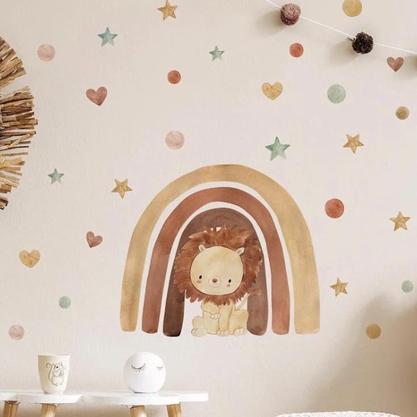 Boho Cartoon Löwe Regenbogen Wandaufkleber für Kinderzimmer Mädchen Jungen Babyzimmer Dekoration Kinderzimmer Vinyl Wandtattoo selbstklebend