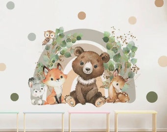 Boho Cartoon Forest Animal Bear volpe Coniglio Acquerello Adesivo da parete Vinile Baby Nursery Art Decalcomanie per la camera dei bambini Home Decorautoadesivo