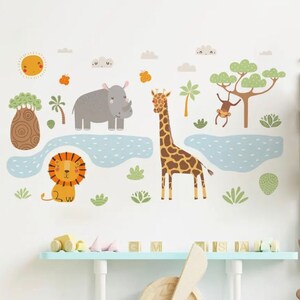 Pegatinas de pared con dibujos de animales tropicales, león, jirafa, guardería, safari, jungla, para habitación de niños, decoración de habitación de bebé, papel tapiz autoadhesivo