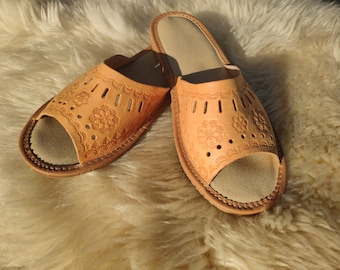 Summer leather Slippers Women's, Handmade lemon open toe mules