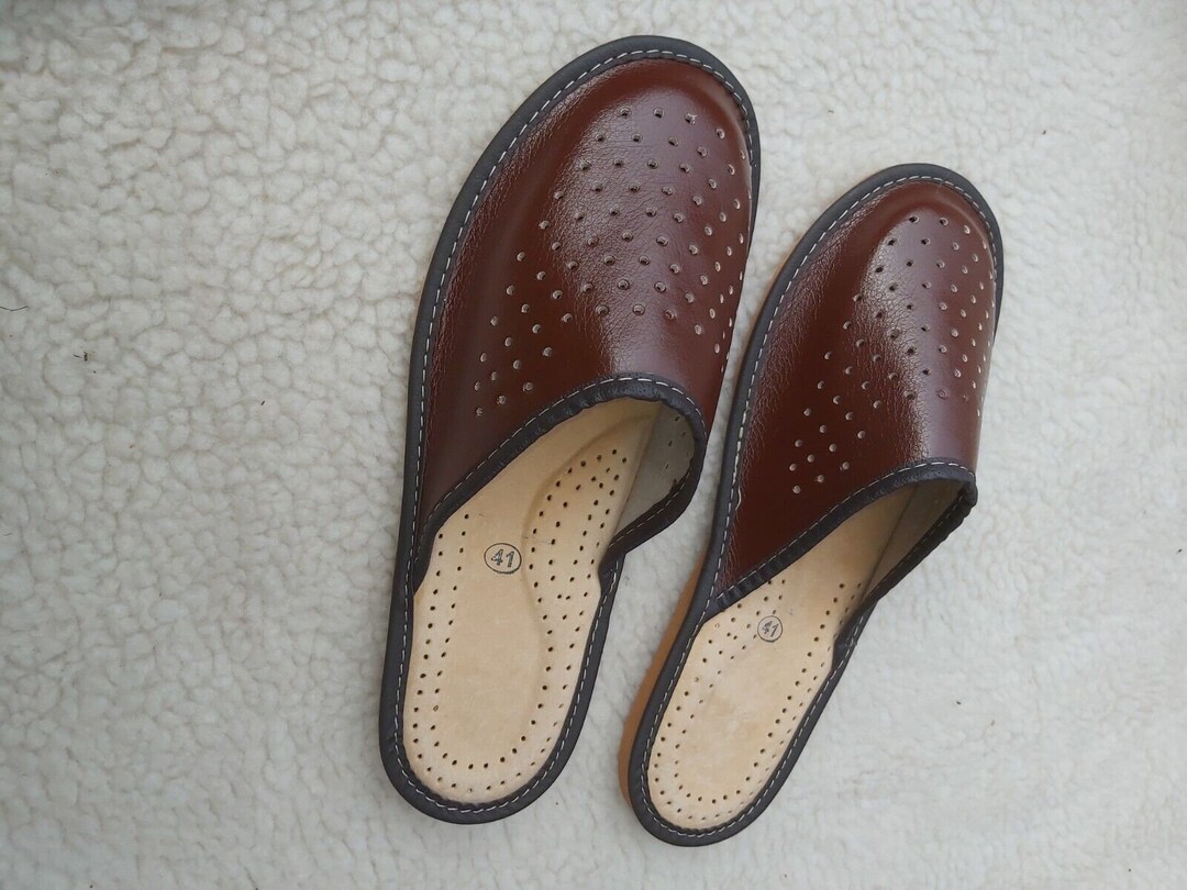 Men's House Brown Leather Slippers Classic Homemade Shoes Etsy