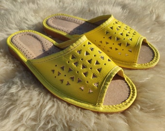 Summer leather Slippers Women's, Handmade yellow open toe mules